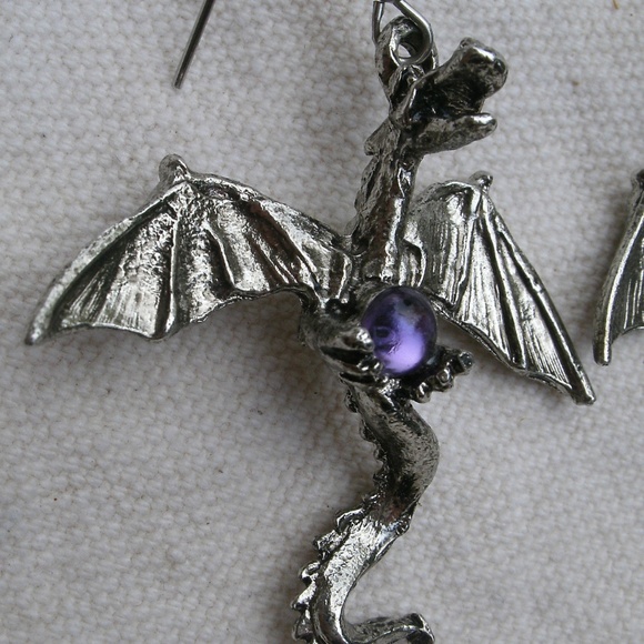 Pewter Flying Dragon Earrings Purple Sets - Picture 5 of 8